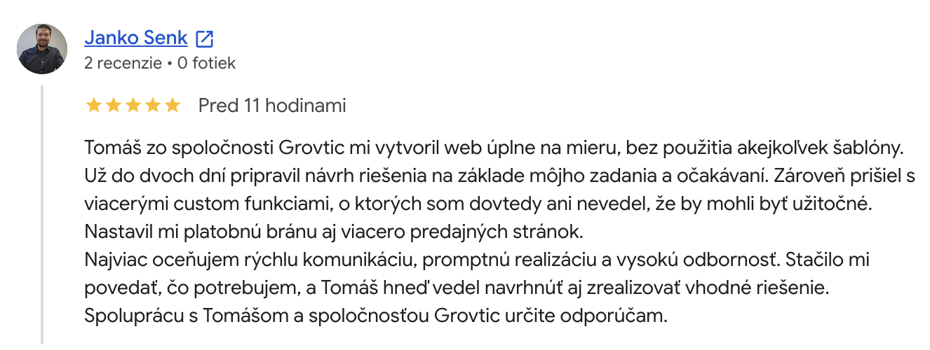 Recenze klienta Ján Senk na Google — 5 hvězdiček