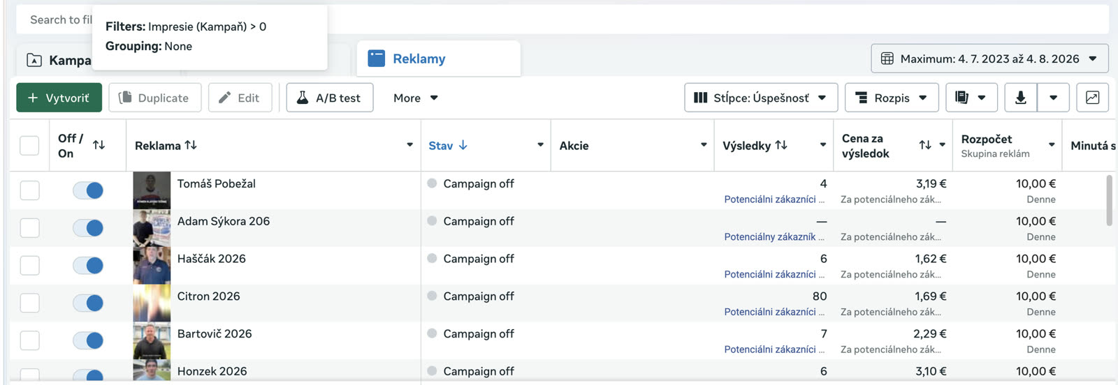 Meta Ads Manager — jednotlivé reklamy Power Players