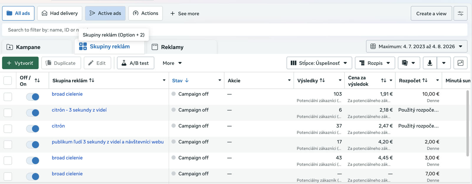Meta Ads Manager — skupiny reklám Power Players
